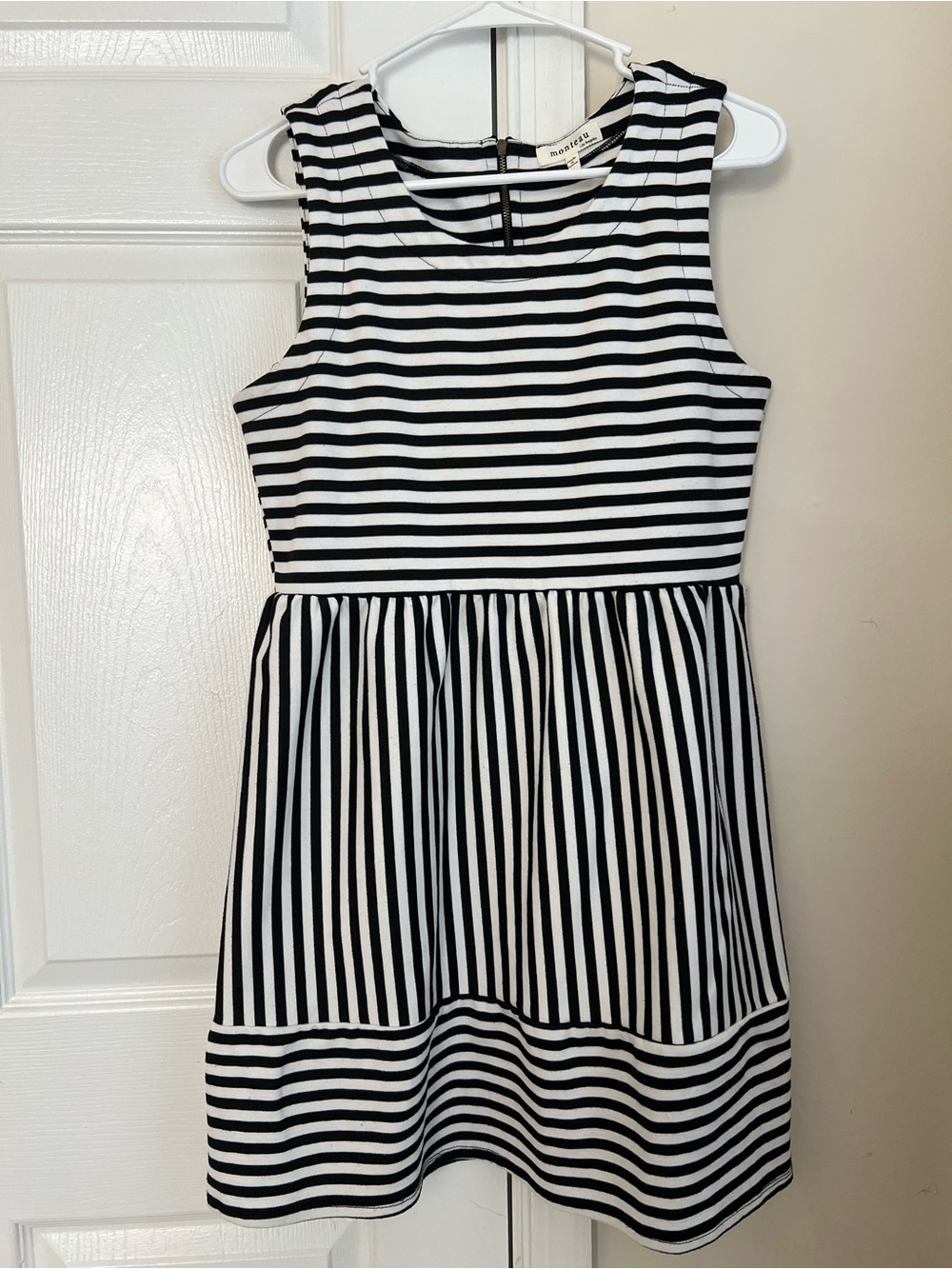 Monteau Black & White Striped Nautical Sleeveless Round Neck Mini Dress Large